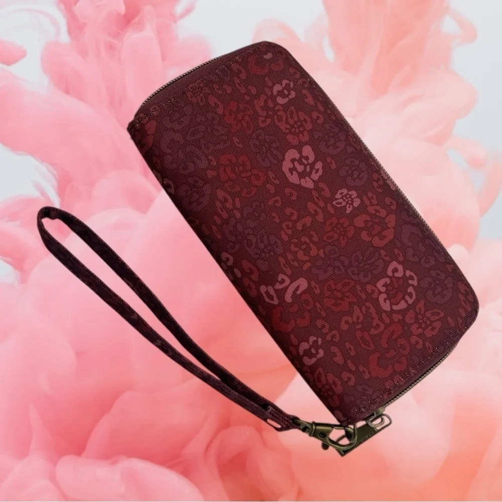 Travelon RFID Blocking Single Zip Wallet Floral Burgundy Rose Design
